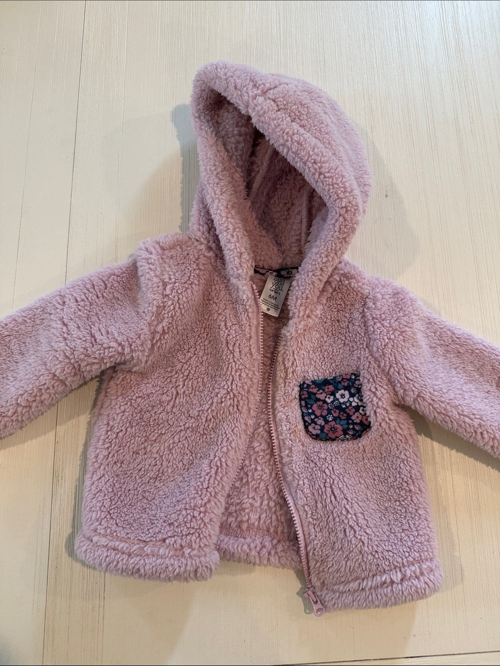 Cozy Pink Sherpa Hoodie with Floral Pocket 6 month